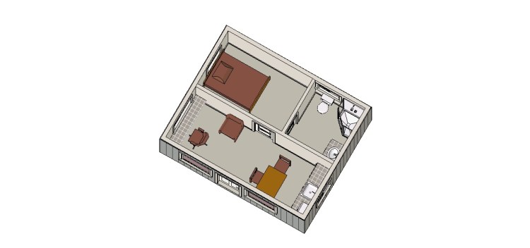 And again, a representation of the cabin furnished. This is where the writers will spend their days working. All they have to do is look up from their keyboards to see Cook Inlet and Iliamna and Redoubt. An inspirational view if ever there was one. Just ask me.